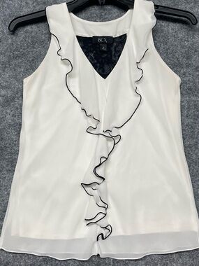 BCX Women's White Ruffle Trim Sleeveless Blouse Size S